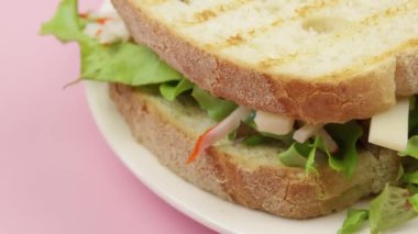 Sörflü sandviç, çiğ sebze ve patates kızartması, yakın plan, tabakta.