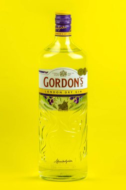 Vaison la Romaine, Vaucluse, Fransa - 06142024: Sarı arka planda bir şişe Gordons London Dry Gin izole edildi