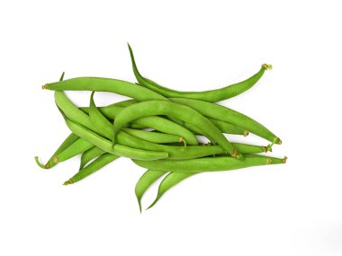 pile of raw green beans, close up, isolated on a white background