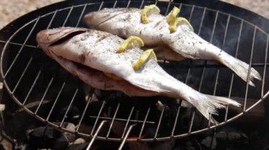 İki balık pişiriyorum, barbeküde çipura var.