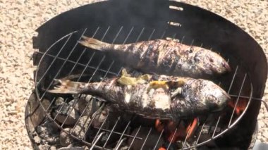 İki balık pişiriyorum, barbeküde çipura var.