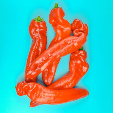 Kırmızı biber yığını, mavi arka planda izole edilmiş.