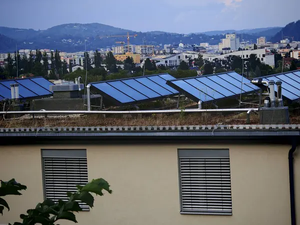 stock image solar panel and photovoltaics for generating sustainable energy and power