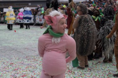 Kafasına domuz maskesi takan kişi yüzünü gizliyor.