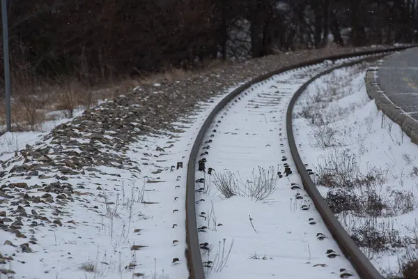 Gri ve karlı bir günde, kışın tren yolu sistemi