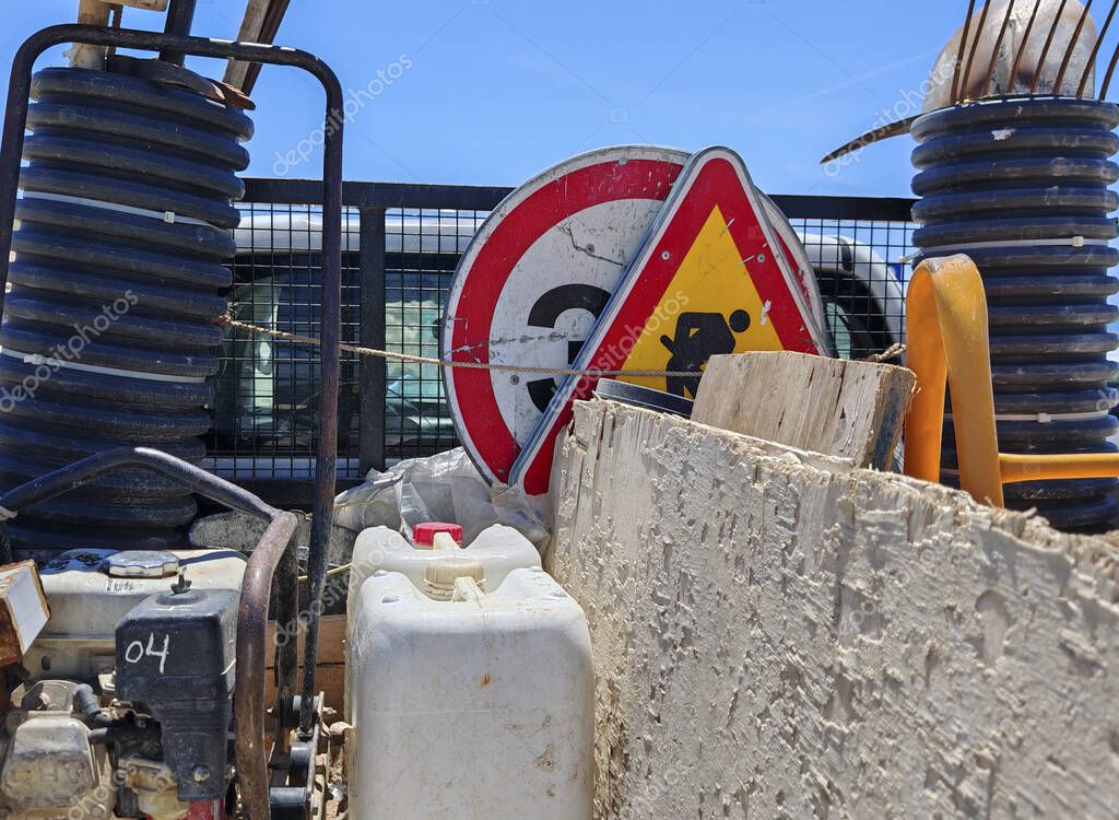 A road works traffic sign, road construction and traffic infrastructure