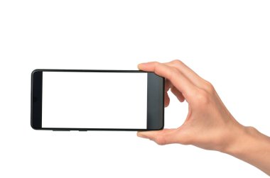Beyaz arka planda siyah bir akıllı telefon, izole. Reklam için boş beyaz ekranlı akıllı telefon.