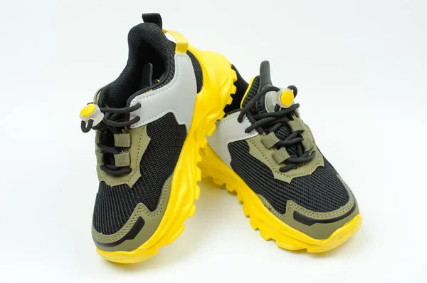 Children Sports Sneakers Yellow Sole White Background Khaki Sneakers Sports — 스톡 사진