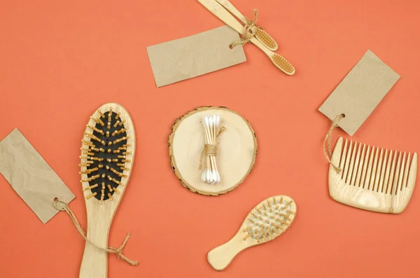 stock image Cotton buds on a wooden podium. Personal care products made from natural materials, no plastic, no waste. Cotton buds top view