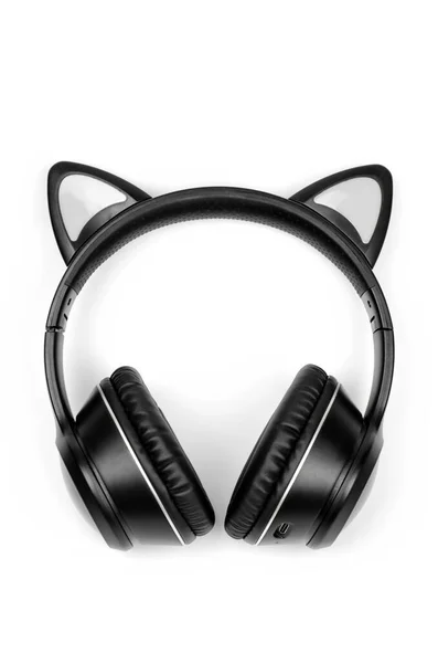 Black Wireless Headphones White Background Close Top View — Stock Photo, Image