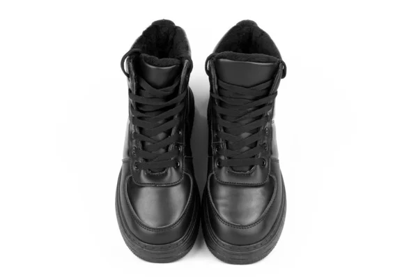 Black Shoes White Background Stylish Winter Shoes Big Black Boots — Foto de Stock