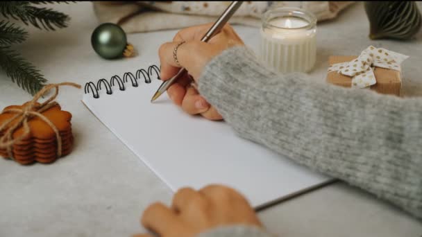 Woman Hands Writing Goals Text Notepad Christmas Time Close Still — Stock Video