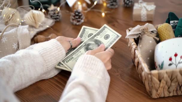 Chica Contando Billetes Dólar Gastos Planificación Para Navidad Mujer Haciendo — Vídeos de Stock