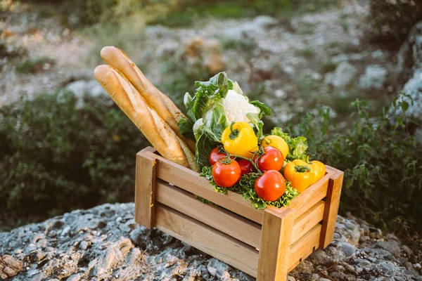 Tahta sandık, çiftlik pazarı organik sebzeler ve bir taşın üzerinde duran baget. Vejetaryen yemek, domates, ekmek, karnabahar ve tatlı biberli çerçevenin yakın plan fotoğrafı.