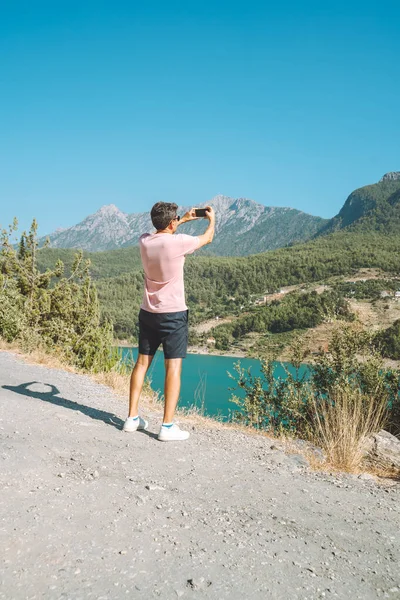 Man Shooting Video Mobile Phone Mountains Lake Background Traveler Male — Stock Photo, Image