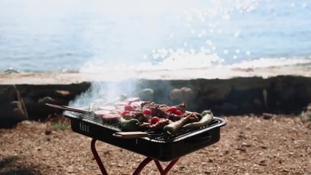 Barbecue Grill Mit Hühnchen Fleisch Tomaten Und Grünem Paprika Der — Stockvideo