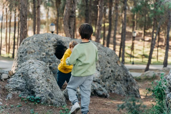 Dzieciaki Bawiące Się Podróż Lesie Bracia Rodzeństwo Dzieci Wybierają Się — Zdjęcie stockowe