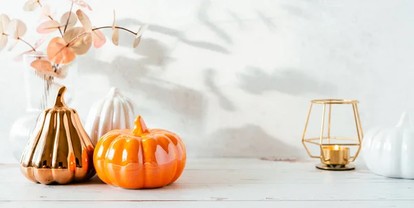 Details Still Life Pumpkins Candle Brunch Leaves White Table Background — Stock Photo, Image