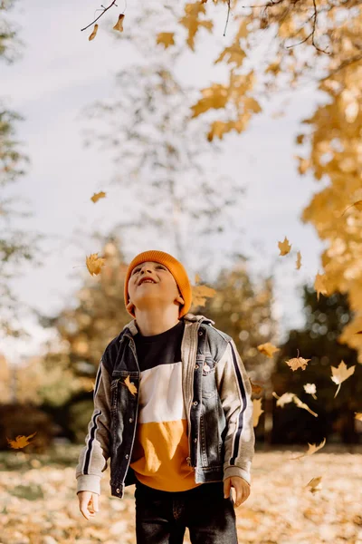 Kid Having Fun Autumn Park Fallen Leaves Throwing Leaf Child — Fotografia de Stock