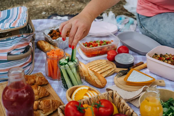 Stock image Picnic in the forest camping site with vegetables, juice, cheese, and croissants. Fresh organic veggies surrounded with bread baguettes, salads.