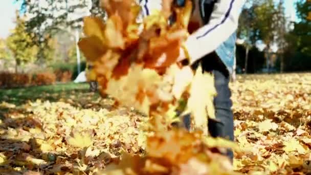 Kid Having Fun Autumn Park Fallen Leaves Throwing Leaf Child — Stockvideo