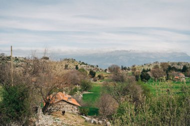 Vadide duran ve yeşil ağaçlarla çevrili eski, antika çiftlik evlerinin manzarası, bulutlu gökyüzünün altında arka planda dağlar.