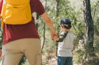 Okul çocuğu ve babasının Bahar Ormanı 'nda taş bir patikada yürümelerini yakından izliyoruz. Çocuk ve baba yaz ormanlarında yürüyüş yaparken günlük kıyafetler ve sarı sırt çantası giyiyorlar.