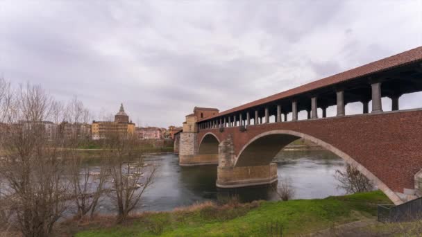 Ponte Coperto Covered Bridge Bridge Ticino River Pavia Pavia Cathedral — Αρχείο Βίντεο