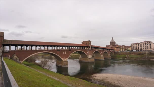 Ponte Coperto Міст Через Річку Тічино Павії Задньому Плані Собору — стокове відео