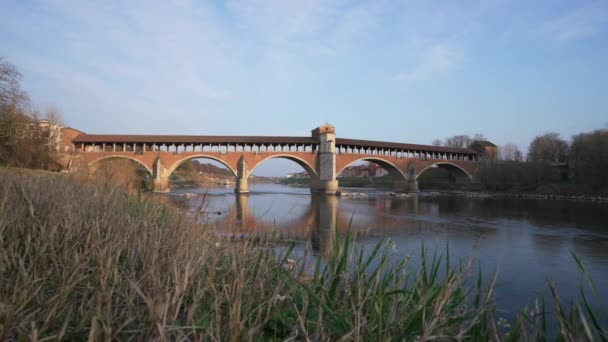 Ponte Coperto Covered Bridge Bridge Ticino River Pavia Sunny Day — Stock Video