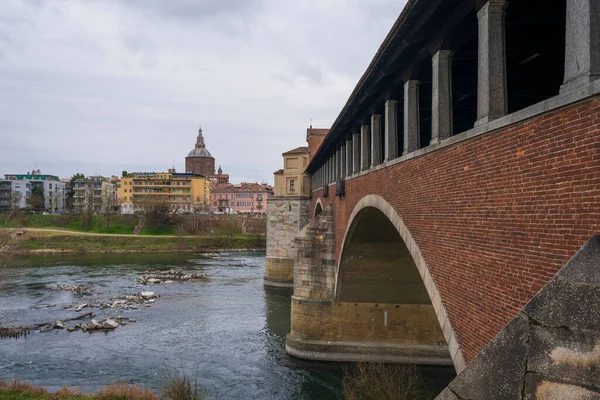 Skyline Pavia Ponte Coperto Täckt Bro Bro Över Floden Ticino — Stockfoto