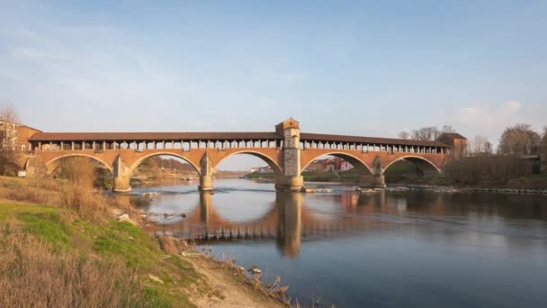 Ponte Coperto Zadaszony Most Duomo Pavia Katedra Pawii Słoneczny Dzień — Wideo stockowe