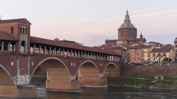 Ponte Coperto Puente Cubierto Duomo Pavia Catedral Pavía Pavía Atardecer — Vídeos de Stock