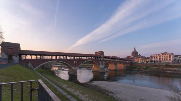 Ponte Coperto Zadaszony Most Duomo Pavia Katedra Pawii Zachodzie Wieczorze — Wideo stockowe