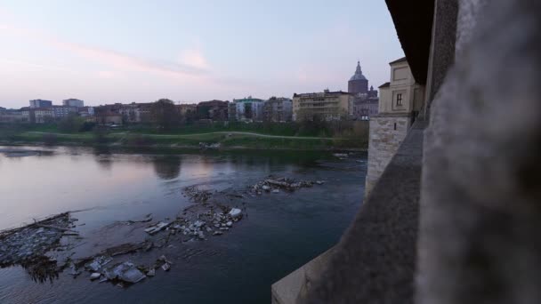 Günbatımında Pavia Ponte Koperto Kapsayan Köprü Duomo Pavia Pavia Katedrali — Stok video