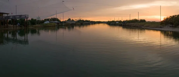 Nice View Fishing Huts River Sunset Italian Fishing Machine Called — Foto de Stock