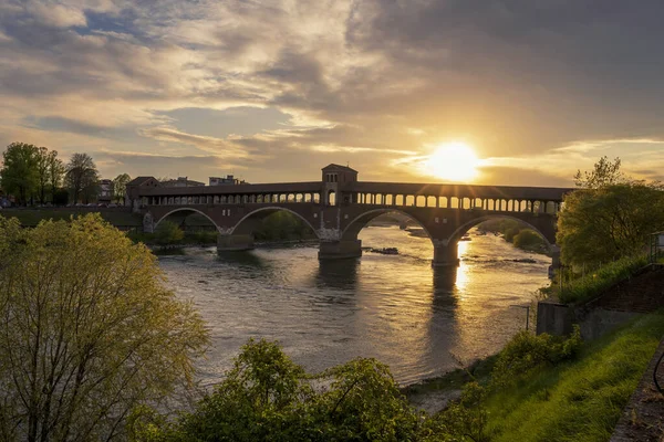 Ponte Coperto Täckt Bro Över Floden Ticino Pavia Vid Soligt — Stockfoto