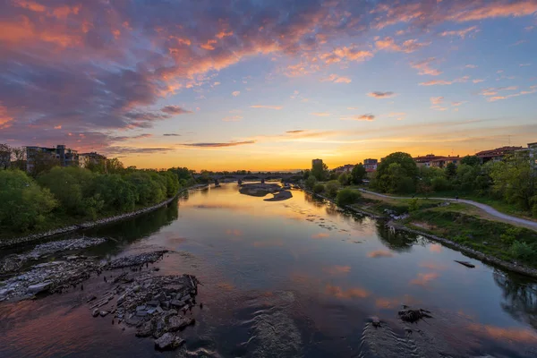 Fin Utsikt Över Bron Över Floden Ticino Pavia Vid Solnedgången Stockbild