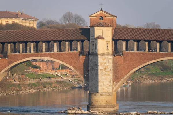 Ponte Coperto Täckt Bro Bro Över Ticino Floden Pavia Solig — Stockfoto