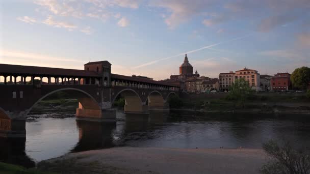 Skyline Pavia Ponte Coperto Covered Bridge Bridge Ticino River Pavia — Αρχείο Βίντεο