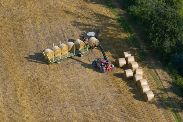 Aerial View Tractor Collecting Straw Bales Agricultural Machine Collecting Bales — Stock Photo, Image