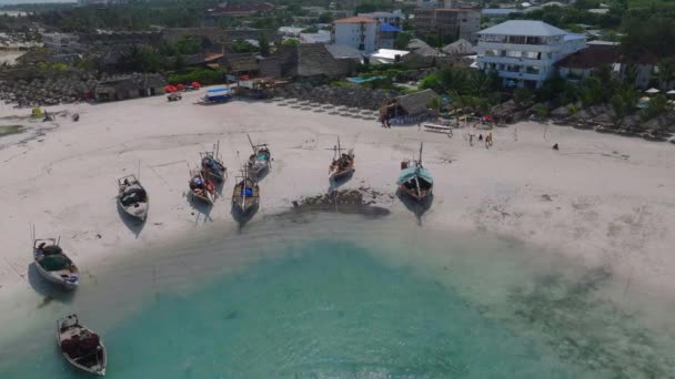 Aerial View Beautiful Sandy Beach Turquoise Ocean Boats People Zanzibar — Stock Video