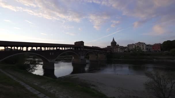 Ponte Coperto Covered Bridge Duomo Pavia Pavia Cathedral Pavia Sunset — Αρχείο Βίντεο