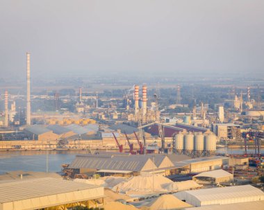 Drone shot of industrial and port area of Ravenna,production district is made up of a chemical and petrochemical pole, thermoelectric and metallurgical plants.