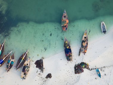 Tahta balıkçı tekneleri ve güneşli bir günde beyaz kumlu plaj kuşları manzarası, Zanzibar, Tanzanya