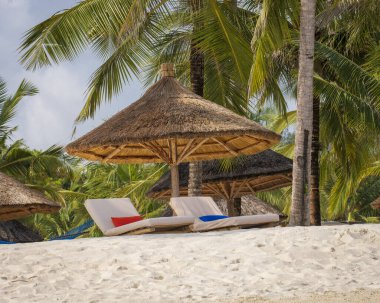 Ahşap plaj şemsiyesi ve günbatımında plaj şezlongları. Lüks sahil otelinde lüks bir plaj şemsiyesi. Yaz kumsalı konsepti, tasasız, deniz kenarında dinlenme, sahilde kimse yok..