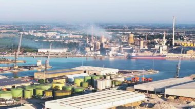 Drone view of industrial and port area of Ravenna,production district is made up of a chemical and petrochemical pole, thermoelectric and metallurgical plants.