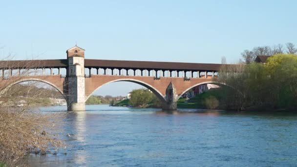 Pěkný Výhled Ponte Coperto Krytý Most Most Přes Řeku Ticino — Stock video