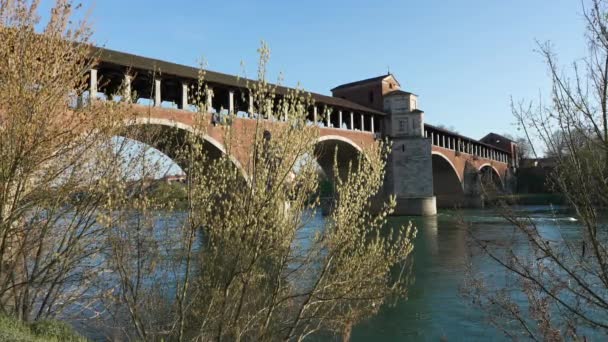 Panorama Ponte Coperto Covered Bridge Bridge Ticino River Pavia Sunny — Αρχείο Βίντεο