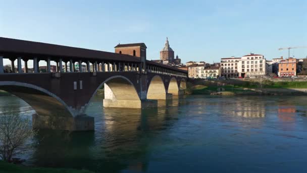 Panorama Pavia Ponte Coperto Krytý Most Most Přes Řeku Ticino — Stock video